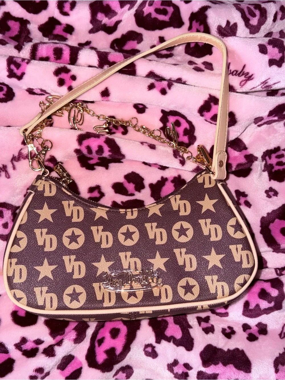 Von Dutch Logo Shoulder Bag with Gold Chain Charm